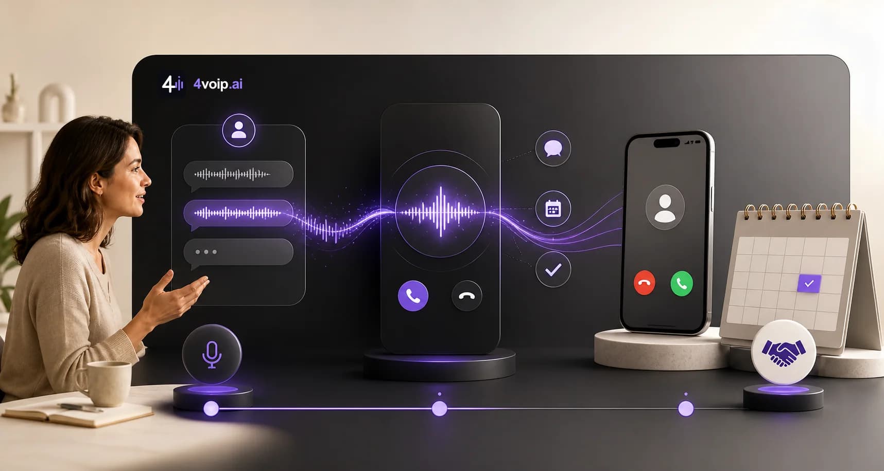 Concept illustration of an owner configuring a receptionist and a future appointment workflow; calendar booking is not available in beta