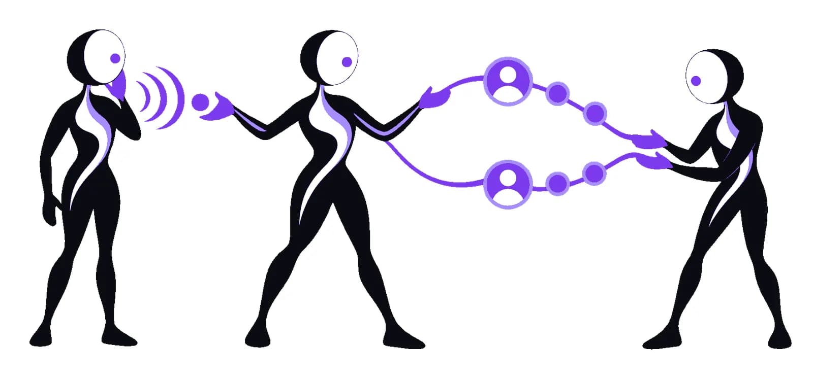 Illustration of a caller speaking with an assistant who carries the request along a line of people to a teammate
