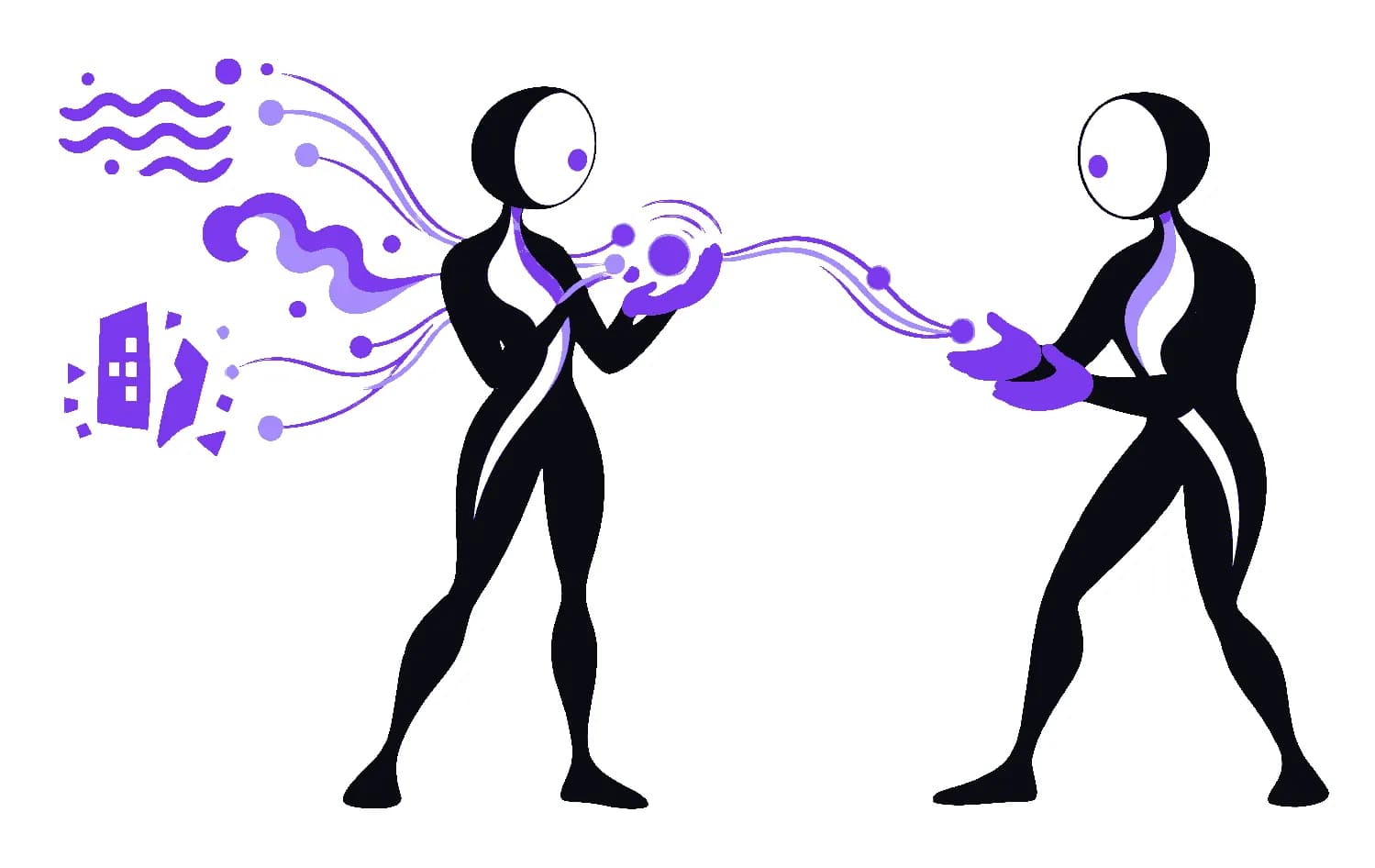 Illustration of household noise and a house shape being gathered by an assistant and passed along for home-services intake