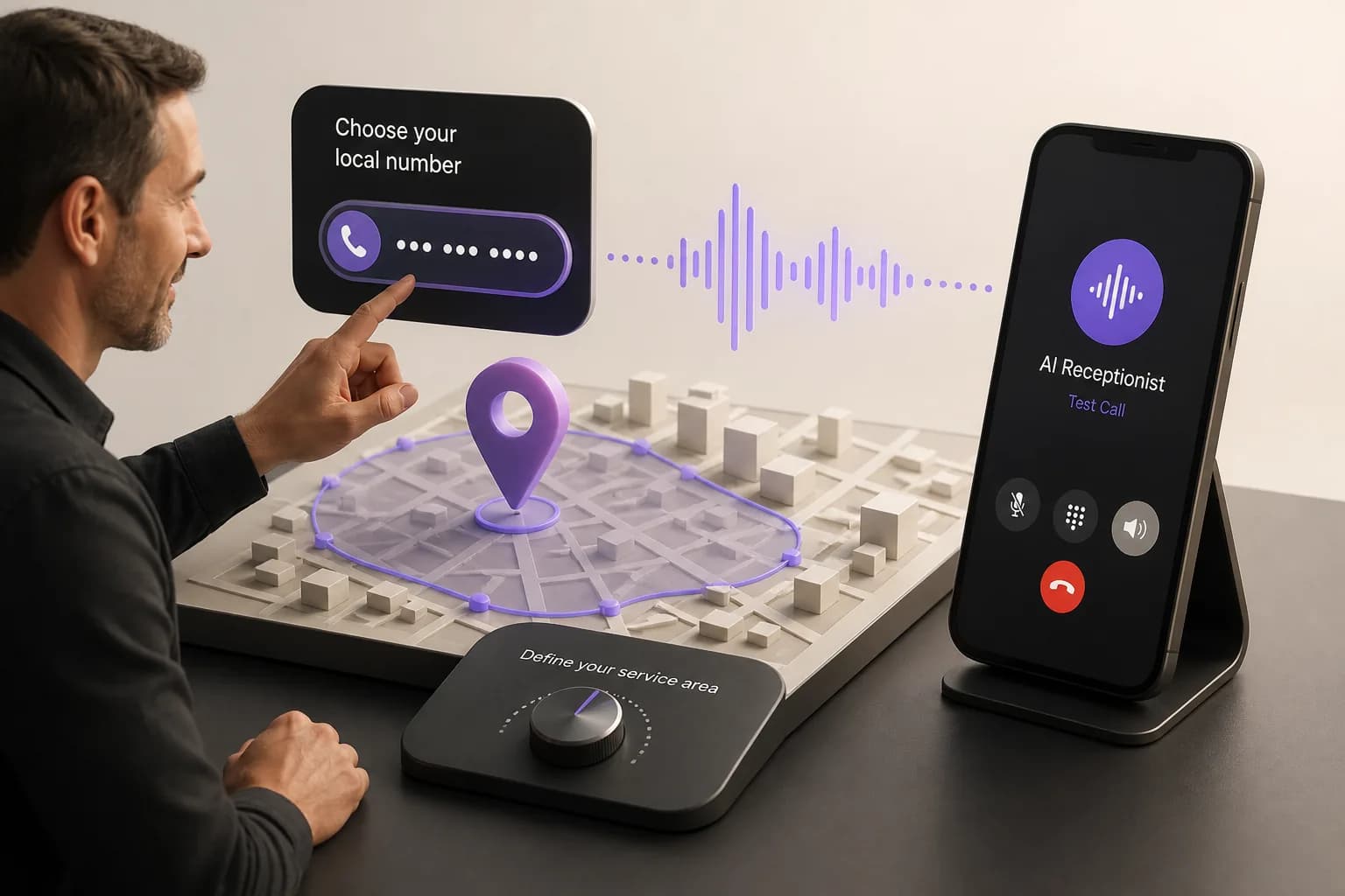 A business owner defines a local service area, chooses a local number, and places a test call to an AI receptionist