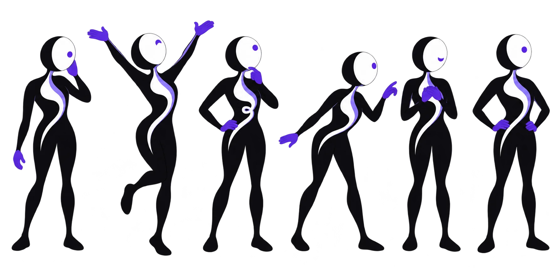 Ava in six feelings: listening, happiness, confusion, curiosity, relief, and quiet confidence